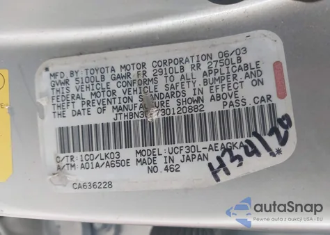 2003 Lexus Ls 430 from USA, damaged, VIN JTHBN30F730120882